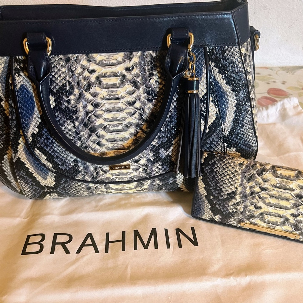 Brahmin Raylynn with matching Ady wallet Navy and Cream Snake Print Satchel